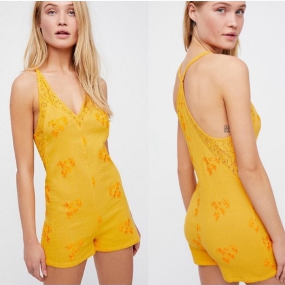 Free People Yellow Floral Lace-Trim Romper